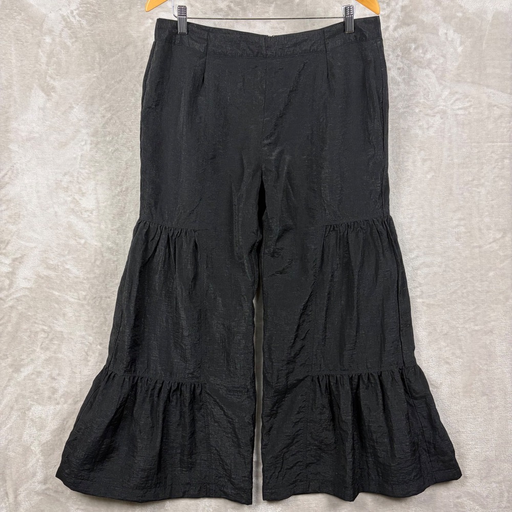 Melanie Lyne Pants 16 Black Tiered Crop Ruffle Wide Leg High Rise Shimmer Chic
